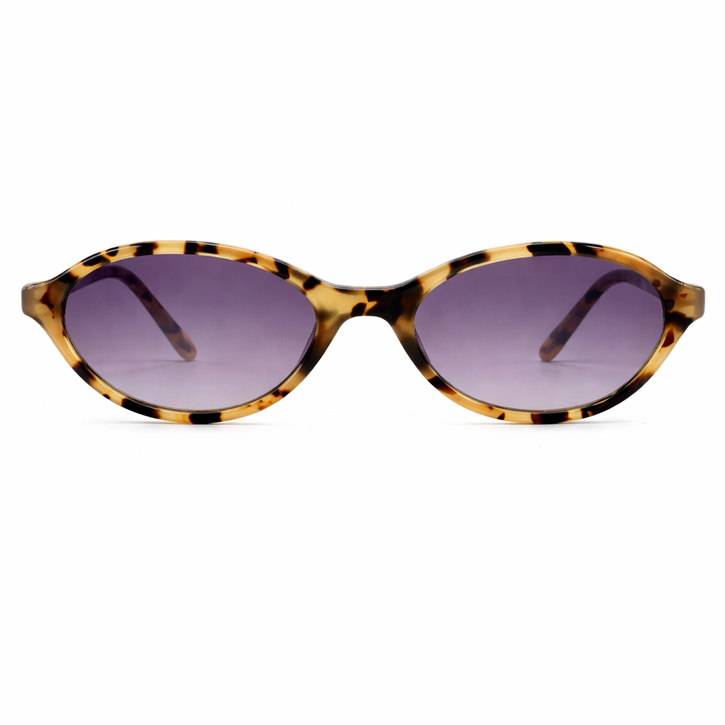 Tortoiseshell sunglasses with purple lenses